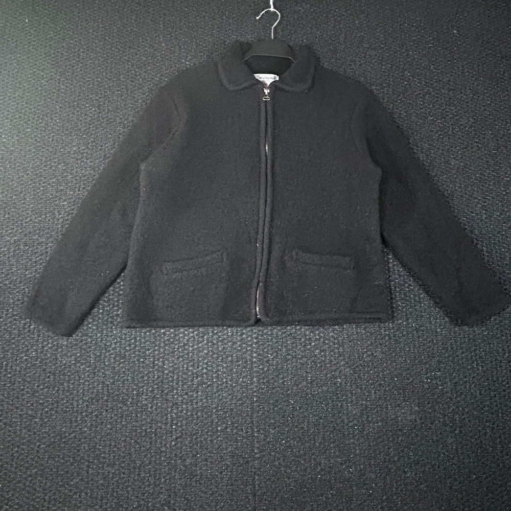 Eminent by Lisa Boiled Wool Crop Jacket Black Full Zip Collared Cardigan Women M